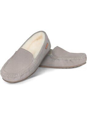 Women's Grey Suede Moccasin Slippers Faux Fur Lined Warm Cozy House Winter Shoes